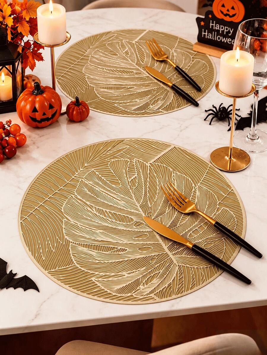 4/6/8pcs Gold Round Minimalist PVC Placemats, Turtle Leaf Pattern, Holiday Wedding Festival Table Mat Decor