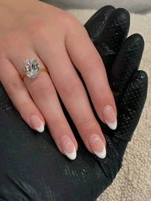 30pcs Long Almond Shape White Gradient French Nail Tips, Acrylic Fake Nails Set, Includes 1pc Jelly Glue And 1pc Nail File. Autumn/Winter Color Nails. - White - View 1