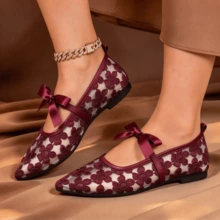 Four-Season Burgundy Floral Lace Hollow-Out Ballet Shoes Pointed Toe Breathable Mesh Shoes For Women, Suitable For Commuting, Parties, Dates, Office - Burgundy - View 5