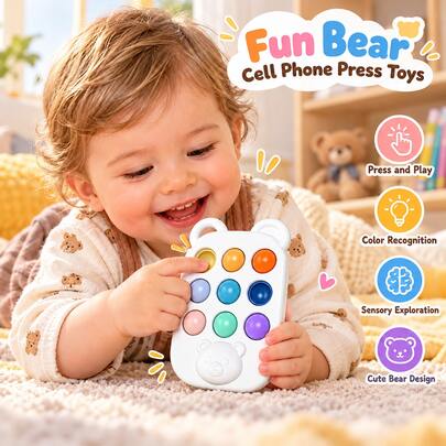 Juguete Fidget de Burbujas con Forma de Teléfono de Oso Lindo, Juguete Sensorial de Silicona Suave para Presionar Burbujas, Regalo Portátil de Bolsillo, Adecuado para Niños Pequeños de 18 Meses en Adelante