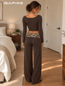 Women's Y2K 2 Pieces Set, Square Neck Long Sleeve Crop Top & Camo Foldover Waist Wide LegPants - Brown - View 3
