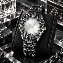 1pc Silver Black Thorn Flame Men's Quartz Watch, Multi-Color Radial Dial, Gothic Punk Style Fashion Business Calendar Quartz Wristwatch - Black - View 2