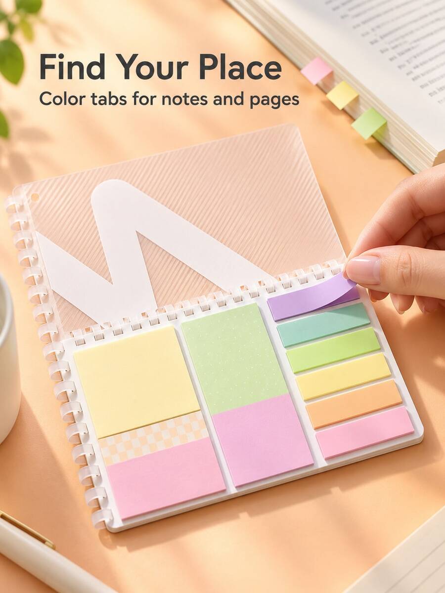 Soft Pastel Sticky Notes Notebook Set With Index Tabs, Colorful Memo Pads, Lined Pages, Thick Paper Stationery For Students, Office Notes, Daily Planning, Travel Journaling, Workout Tracking, To-Do Lists, Study Reminders & Desk Organization - Multicolor - View 1