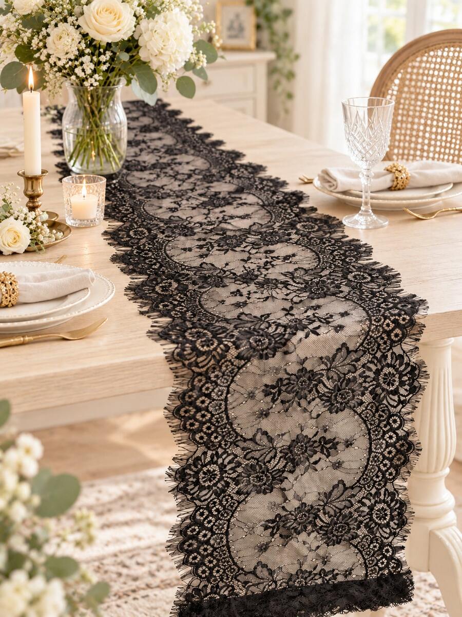 1pc 14*118 Inch Lace Table Runner, Embroidered Bohemian Style Wedding Table Runner, Halloween Tablecloth Vintage Country Lace Fabric Table Runner, Suitable For Wedding Party Bridal Shower Decoration Halloween Decoration
