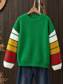 Plus Size Women's Crew Neck Long Sleeve Colorblock Striped Pullover Sweater - Emerald Green - View 1