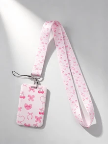 1pc Ins Style Pink Bow Cherry Pink Heart Bow Pattern Lanyard Card Holder, Keychain Hard Shell ID Badge Holder For Bus Card, ID Card, Work Badge, Student ID, Exhibition Badge, Event Party ID Card - Rectangle - View 10