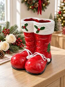 1PC Christmas Santa Boots Vase, Red & White Resin Flower Holder With Holly & Tree Details, Festive Table Centerpiece For Dining Room, Mantel & Living Room, Christmas Home Decor, Holiday Gift - Multiple Styles - View 6