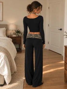Women's Y2K 2 Pieces Set, Square Neck Long Sleeve Crop Top & Camo Foldover Waist Wide Leg Pants - Black - View 8