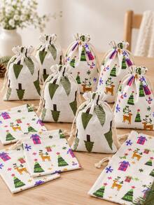 Christmas Drawstring Gift Bags, 5.51in X 3.93in, Reusable Fabric Pouches With Random Festive Tree, Reindeer & Present Prints, Small Holiday Gift Wrapping Bags For Jewelry, Party Favors, Stocking Stuffers & Christmas Table Decorations - Christmas Gift Bag Style C - View 9