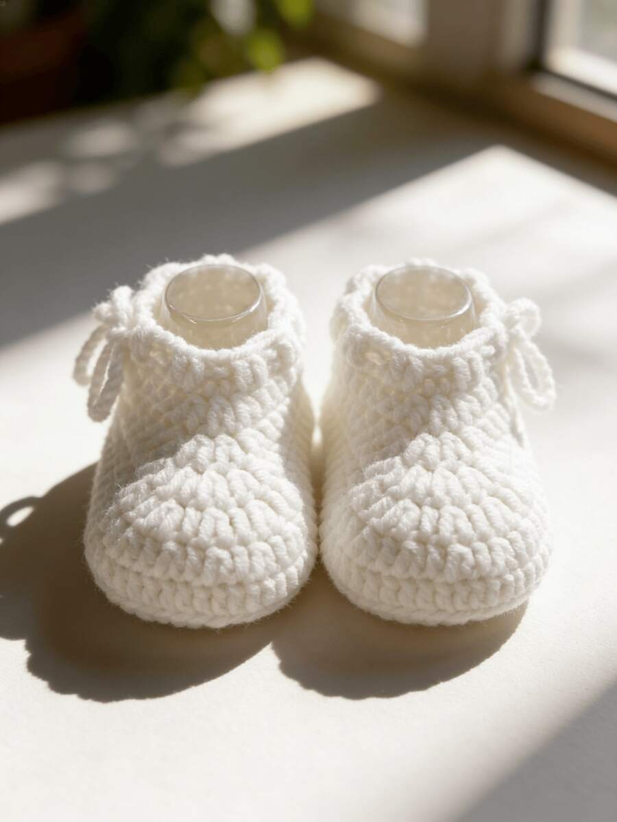 1 Pair Hand-Knitted Infant Booties, Crochet Woolen Walking Shoes, Indoor Floor Socks - White - View 1