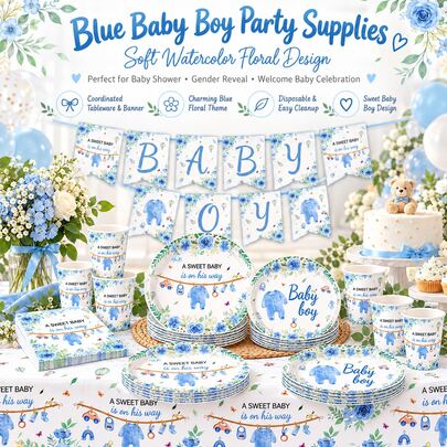 Tema de fiesta de ducha azul para niños, juego de vajilla, juego de decoración, fiesta de recién nacido, fiesta de cumpleaños, accesorios de decoración de estudio fotográfico, vajilla de Halloween, vajilla de Navidad, vajilla de Año Nuevo, vajilla de vacaciones, vajilla desechable, vajilla de cumpleaños