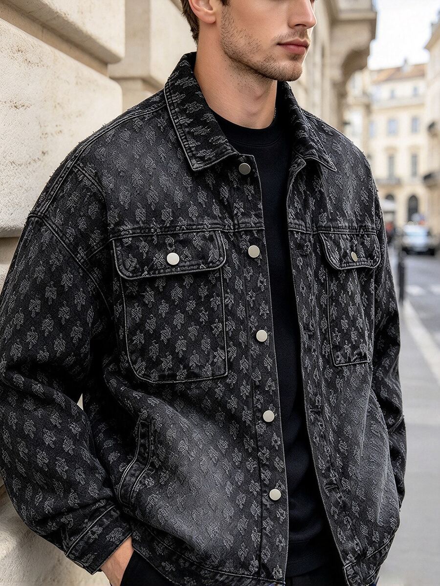 Men's Printed Denim Jacket, Loose Oversized Textured Collar Denim Coat - Black - View 1