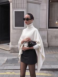 Vuslat Women's Autumn Beige Semi-High Neck Asymmetrical Cape Shawl Knit Top, Suitable For Commuting, Ball, Party, Concert, Christmas, New Year - White - View 2