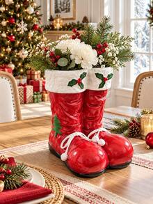 1PC Christmas Santa Boots Vase, Red & White Resin Flower Holder With Holly & Tree Details, Festive Table Centerpiece For Dining Room, Mantel & Living Room, Christmas Home Decor, Holiday Gift - Multiple Styles - View 4