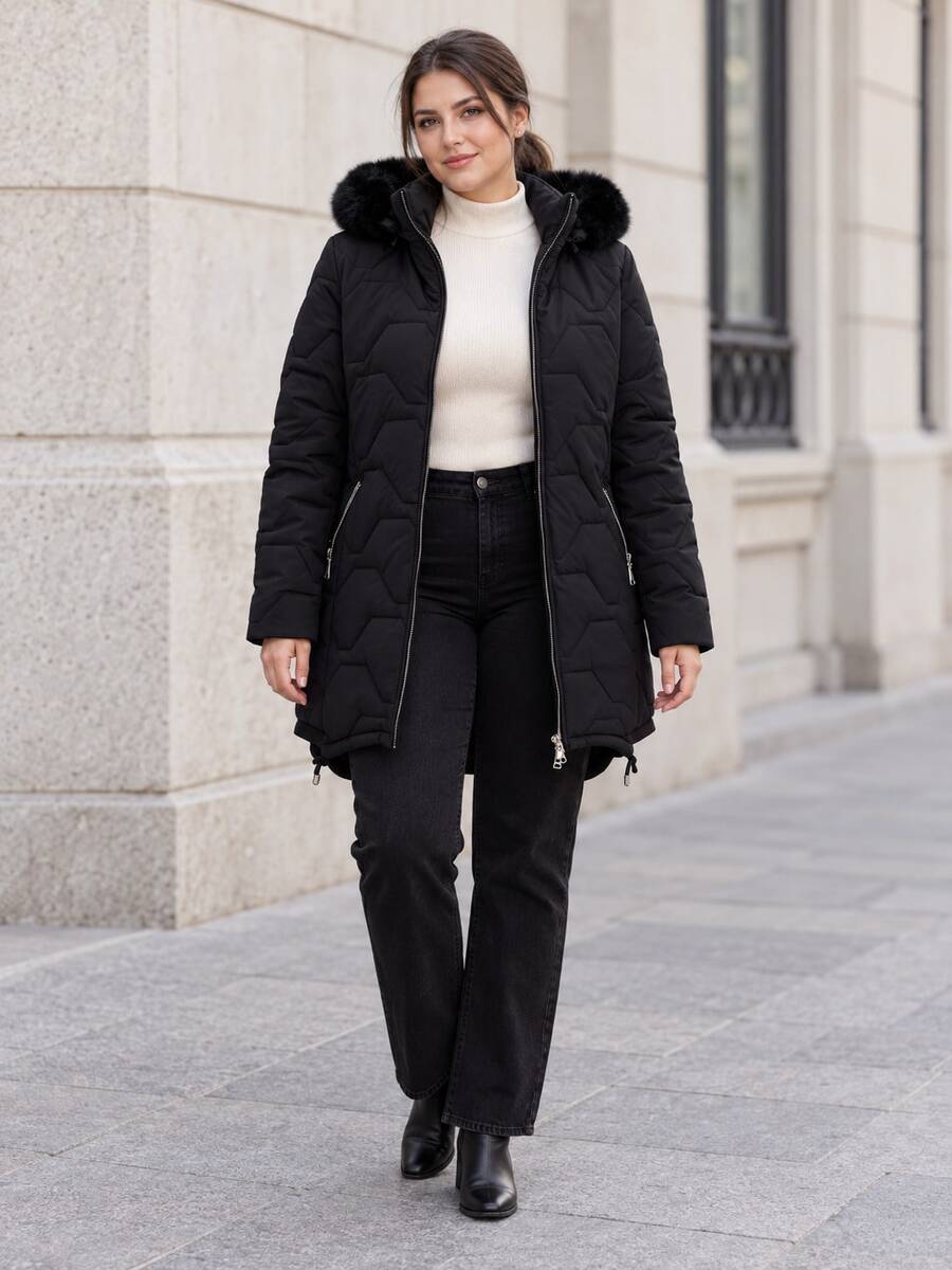 Plus Size Faux Fur Trim Hooded Zip Up Quilted Padded Coat, Women Mid-Length Warm Winter Jacket With Zipper Pockets - Black - View 1
