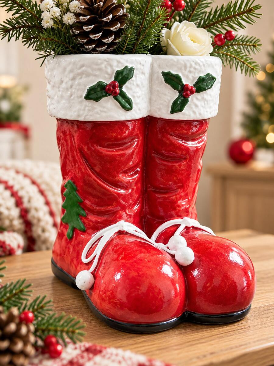 1PC Christmas Santa Boots Vase, Red & White Resin Flower Holder With Holly & Tree Details, Festive Table Centerpiece For Dining Room, Mantel & Living Room, Christmas Home Decor, Holiday Gift - Multiple Styles - View 1