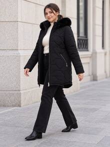 Plus Size Faux Fur Trim Hooded Zip Up Quilted Padded Coat, Women Mid-Length Warm Winter Jacket With Zipper Pockets - Black - View 2