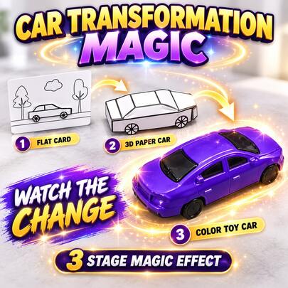 1 Set 2D To 3D Car Transformation Magic Trick, Flat Drawing To Mini Metal Car Illusion, Amazing Visual Magic Props, Close Up Street & Stage Magic Performance, Creative Car Appearance Trick, Interactive Party Magic, Christmas Gift, Game