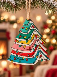 1pc Colorful Stacked Book Christmas Tree Hanging Ornament, 8cm/3.14in High, Wooden Hanging Decoration With String Lights, Holiday Christmas Tree Pendant, Suitable For Festive Home Decor, Unique Christmas Gift Idea, Christmas Room Decoration - Multicolor - View 2