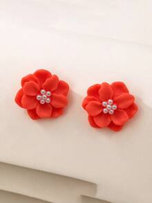 1 Pair Minimalist Versatile Camellia Flower Pearl Stud Earrings, Elegant Fresh Floral Design For Women - Orange - View 4