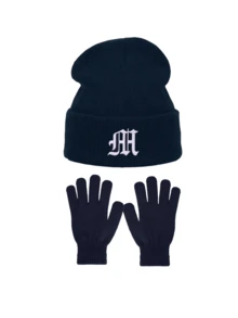 3pcs Navy Blue Knit Hat & Gloves Set, Gothic Letter Cuffed Knit Hat, Full Finger Gloves, Outdoor Travel Cold Weather Warmth Set, Suitable For Daily Wear - Navy Blue - View 36