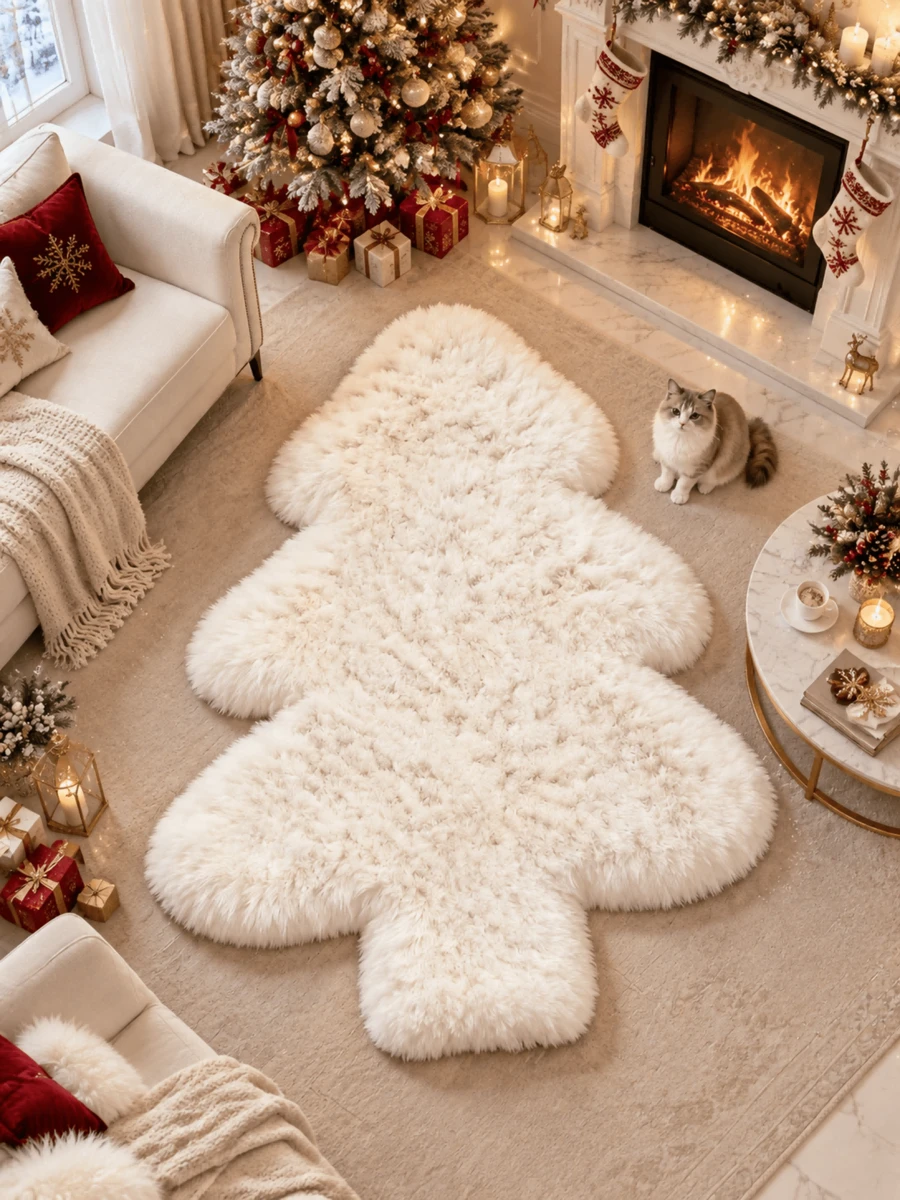 1pc White Christmas Tree Rug, Thick Plush Carpet, Autumn/Winter Decorative Rug, Bedroom Decor, Home Decor, Living Room Carpet, Washable Rug, Christmas Gift - White - View 1