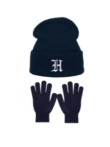 3pcs Navy Blue Knit Hat & Gloves Set, Gothic Letter Cuffed Knit Hat, Full Finger Gloves, Outdoor Travel Cold Weather Warmth Set, Suitable For Daily Wear - Navy Blue - View 23