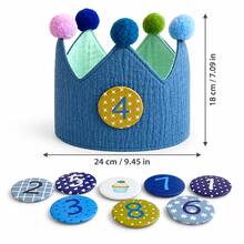1件客製化刺繡姓名亞麻皇冠帽，手工毛氈毛球裝飾派對皇冠，個性化紀念頭飾，生日慶祝拍照道具，柔軟布料裝飾皇冠配件，1歲生日派對紀念品 - 彩色 - 查看 9