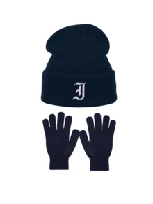 3pcs Navy Blue Knit Hat & Gloves Set, Gothic Letter Cuffed Knit Hat, Full Finger Gloves, Outdoor Travel Cold Weather Warmth Set, Suitable For Daily Wear - Navy Blue - View 16