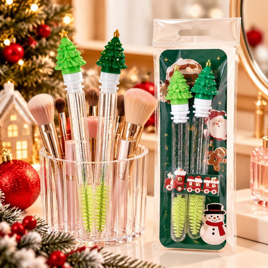 Christmas Tree Shaped Eyelash Brush Portable Tube Spiral Brow Brush Christmas Theme Makeup Brush Set Holiday Beauty Tool - Multicolor - View 1