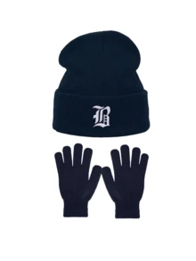 3pcs Navy Blue Knit Hat & Gloves Set, Gothic Letter Cuffed Knit Hat, Full Finger Gloves, Outdoor Travel Cold Weather Warmth Set, Suitable For Daily Wear - Navy Blue - View 19