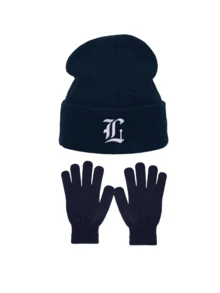 3pcs Navy Blue Knit Hat & Gloves Set, Gothic Letter Cuffed Knit Hat, Full Finger Gloves, Outdoor Travel Cold Weather Warmth Set, Suitable For Daily Wear - Navy Blue - View 12