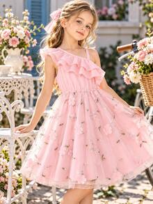 Young Girl Summer Solid Color Ruffle Trim Embroidered Mesh Sundress - Pink - View 2