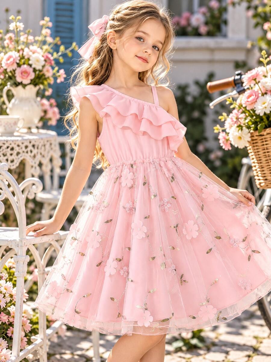 Young Girl Summer Solid Color Ruffle Trim Embroidered Mesh Sundress