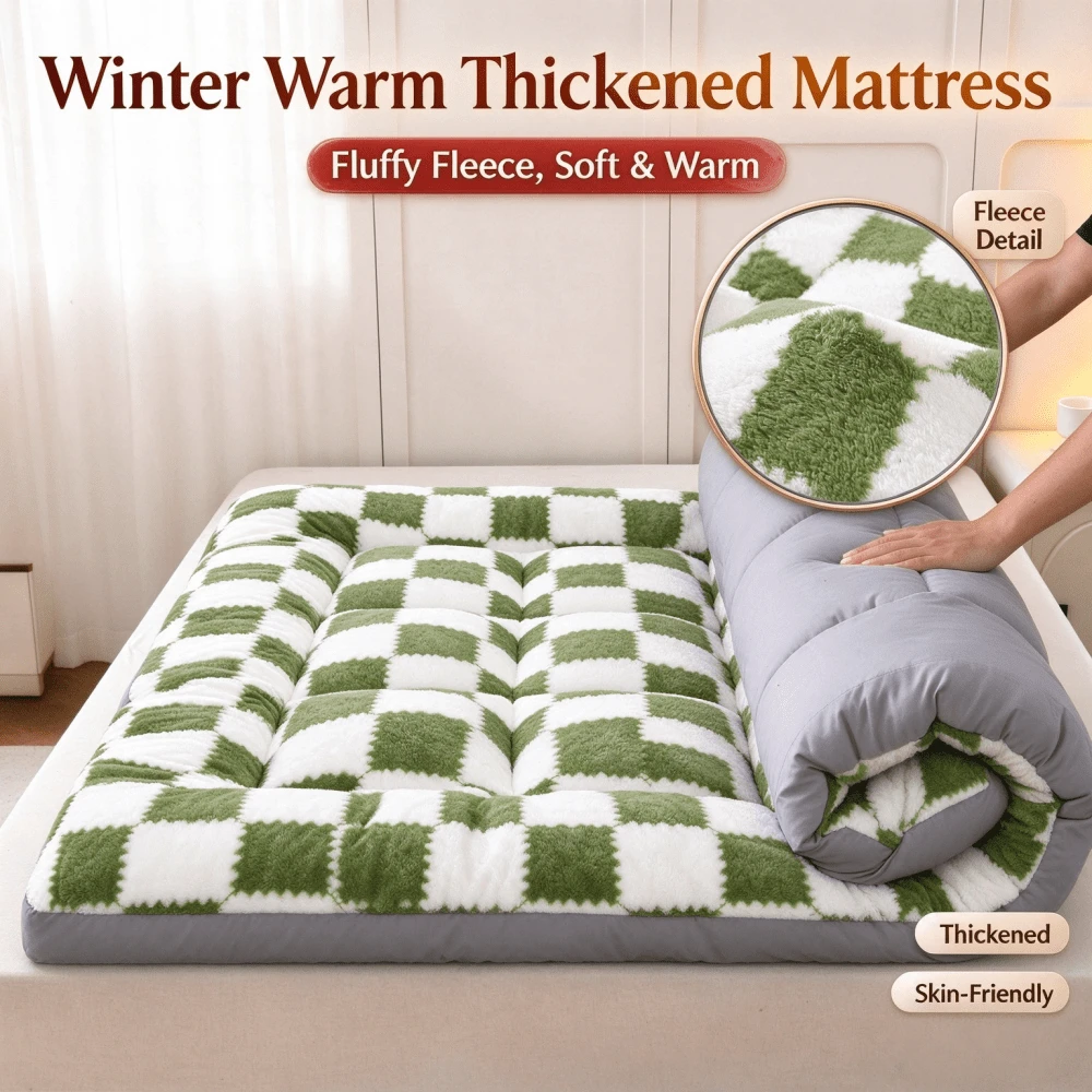 1pc Checkerboard Fleece Mattress Topper,Thick Warm Milk Velvet Bed Pad,Quilted Anti‑Slip Foldable Mattress Pad For Bedroom Dorm Tatami