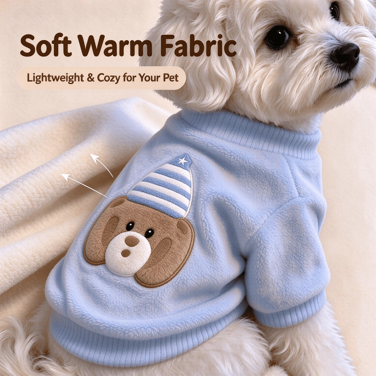 Autumn/Winter Light Blue Bear Embroidery Pet Fleece Hoodie, Cute Cat And Dog Sweater, Round Neck Top - Baby Blue - View 1