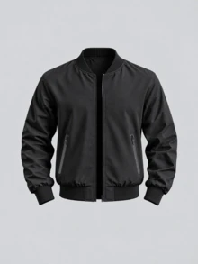 Men's Comfortable Collared Jacket - Soft Solid Color, Zip Closure, Long Sleeve, Business Style, Suitable For Outdoor Activities And Casual Wear, Versatile And Breathable - Black - View 1