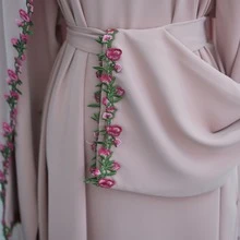 Elegant Grey-Pink Long Sleeve Abaya With Delicate Floral Embroidered Lace Trim At Neckline - Pink - View 5