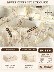 3件組親膚柔軟舒適米白色花卉刺繡蕾絲荷葉邊工藝被套組（1*被套+2*枕套，不含內芯），法式鄉村風、女性風、少女風，適用於臥室、客房、男女童床上用品，可機洗，四季適用 - 白色 - 查看 26