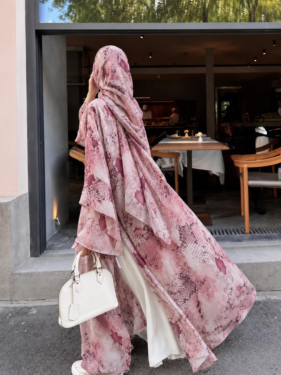 Elegant Long Sleeve Floral Chiffon Long Abaya, Featuring Graceful Flowing Dress Design, Suitable For Autumn Wear, Exuding Daily Sophistication - Pink - View 1