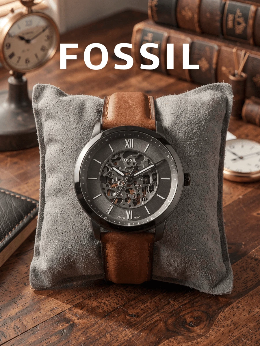 Fossil ساعة رجالية ميكانيكية أوتوماتيكية ME3161، قرص هيكلي، حزام جلدي بني، هيكل معدني رمادي داكن - بني - مشاهدة 1