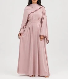 Elegant Grey-Pink Long Sleeve Abaya With Delicate Floral Embroidered Lace Trim At Neckline - Pink - View 3
