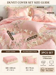 3pcs Soft Skin-Friendly Comfortable Pink Floral Embroidered Lace Ruffle Edge Duvet Cover Set (1*Duvet Cover + 2*Pillowcases, Inserts Not Included), French Country Style, Feminine, Girly, Suitable For Bedroom, Guest Room, Boys And Girls Bedding, Machine Washable, All Seasons - Pink - View 23