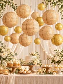10/6/2pcs Burlap Paper Lanterns Hanging Decorations, Round Chinese Lanterns, Burlap Hanging Lanterns, For Bohemian Classroom Decor, Bridal Shower, Rustic Vintage Wedding, Birthday Party, Farmhouse Decor, Simple Style - Multicolor - View 2