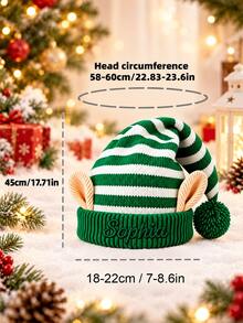 Christmas Personalized 3D Elf Ear Knit Hat With Pom Pom, Unisex Family Couple Winter Hat, Holiday Photo Prop, Striped Knit Hat, Optional Name Embroidery - Multicolor - View 10