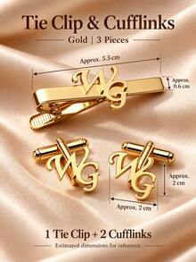 [ZzAi Custom]1 Set Personalized Custom Text Cufflinks, Cut-Out Text Combination Cufflinks, Tie Clip, Custom Text, Men's Exclusive Set, Suitable For Christmas, Wedding, Birthday Gift - Text - View 14