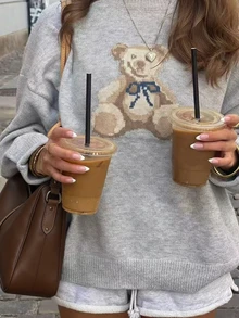 2025 Autumn/Winter New Fashion Casual Vintage Colorblock Cute Teddy Bear Graphic Knit Pullover Sweater, Women Animal Print Basic Tops, Going Out Tops, Fall Women Clothes, Korean Style, Modest Women, Party Women, Y2K Women, Tops For Going Out, Concert Women, Date Night Women