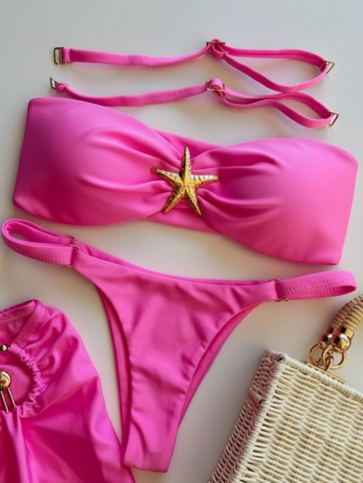 3 Stück/Set 2025 Neuer Sexy Bikini, europäischer und amerikanischer Stil einfarbiges Schnallen Design Split Frauen Hochwertiger Badeanzug