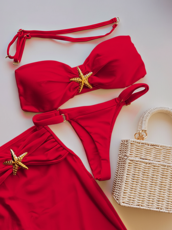 2025新款性感比基尼套装（3件套），欧美风纯色搭扣设计分体式女士高端泳装