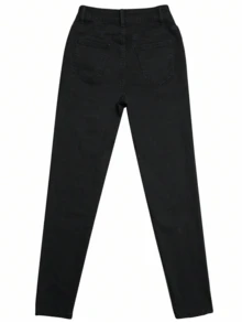 Women's Solid Color Front Button Pockets Casual Skinny Jeans - Black - View 8